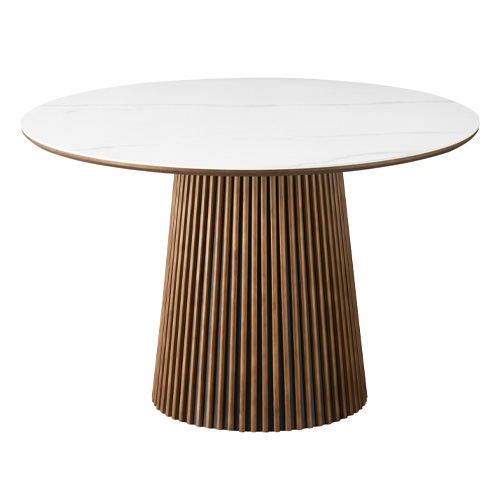 Table à manger ronde plateau en céramique effet marbre et piètement effet noyer 5 à 6 pers. 120 cm - Ada