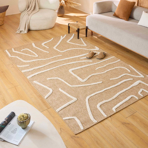 Tapis géométrique abstrait blanc et jute 80x150 cm - Arlo