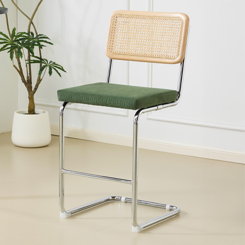 Lot de 2 tabourets de bar en velours côtelé vert kaki et cannage - Muse