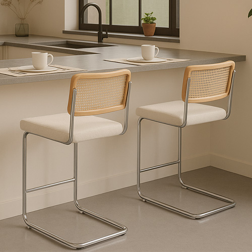 Lot de 2 tabourets de bar en tissu bouclé beige et cannage - Muse