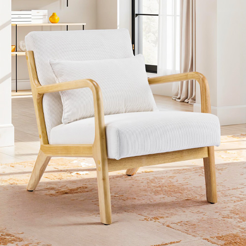Fauteuil en bois et velours fines côtes beige - Lanna