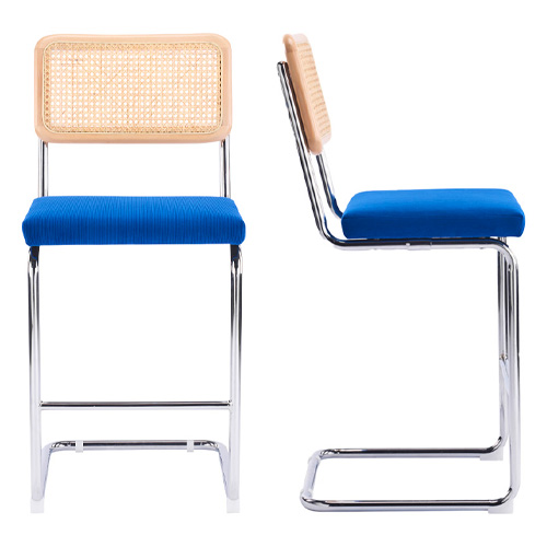 Lot de 2 tabourets de bar en velours côtelé bleu électrique et cannage - Muse