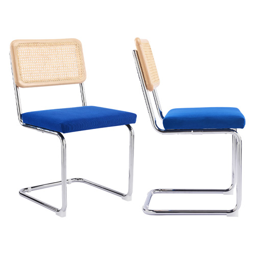 Lot de 2 chaises en cannage velours côtelé bleu électrique et métal chromé - Muse