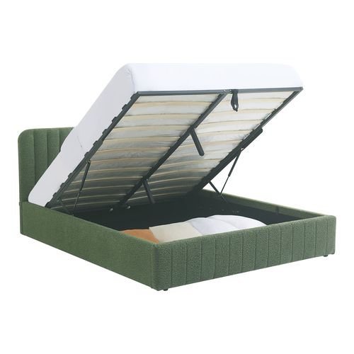 Lit coffre adulte 140x190 cm avec tête de lit capitonnée en tissu bouclé vert - Ava
