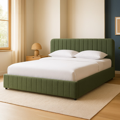 Lit coffre adulte 180x200 cm avec tête de lit capitonnée en tissu bouclé vert - Ava