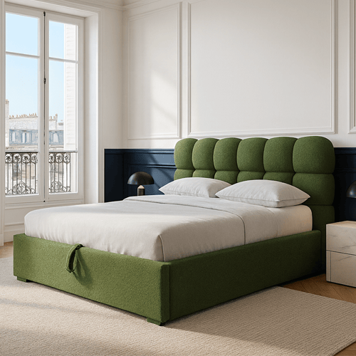 Lit coffre adulte 140x190 cm avec sommier et tête de lit capitonnée en tissu bouclé vert - Lola