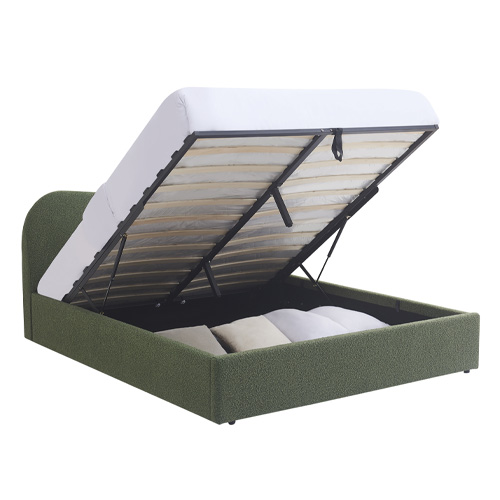 Lit coffre adulte 140x190 cm avec tête de lit matelassée en tissu bouclé vert - Suzon