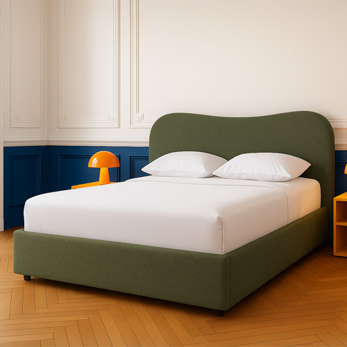 Lit coffre adulte 140x190 cm avec tête de lit matelassée en tissu bouclé vert - Suzon