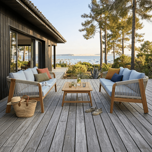 Salon de jardin 6 places en bois FSC - 2 canapes 3 pl. et table basse - Symi