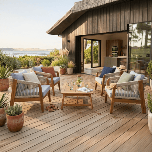 Salon de jardin 4 places en bois FSC - 4 fauteuils et table basse - Symi