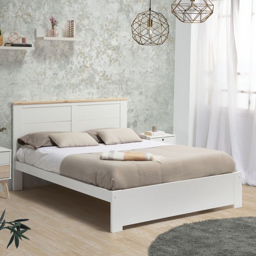 Lit adulte 160x200 cm avec tête de lit en bois blanc - Nevea