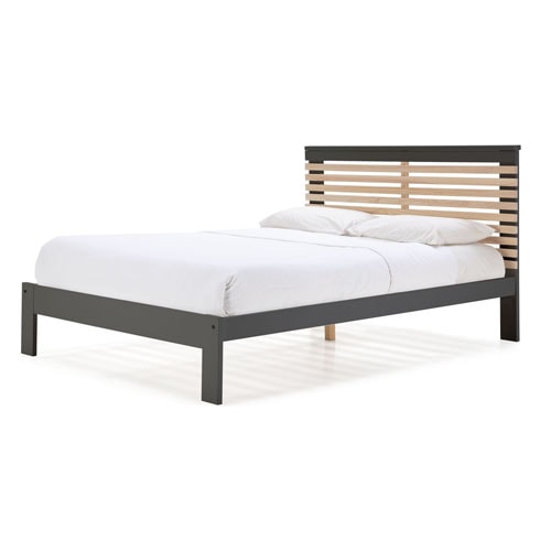 Lit adulte 140x190 cm avec tête de lit à lattes en bois clair / gris anthracite - Lucy