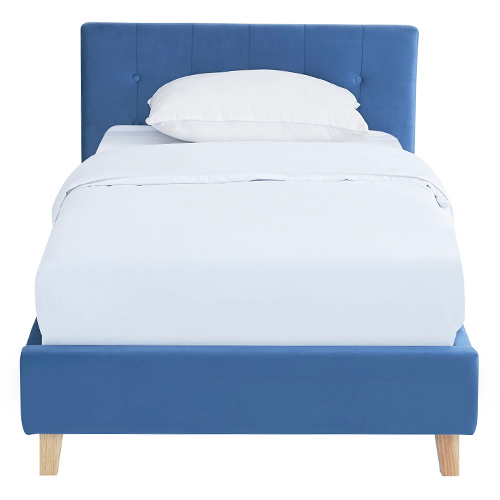 Lit adulte 90x190 cm avec tête de lit capitonnée en velours bleu - Milo