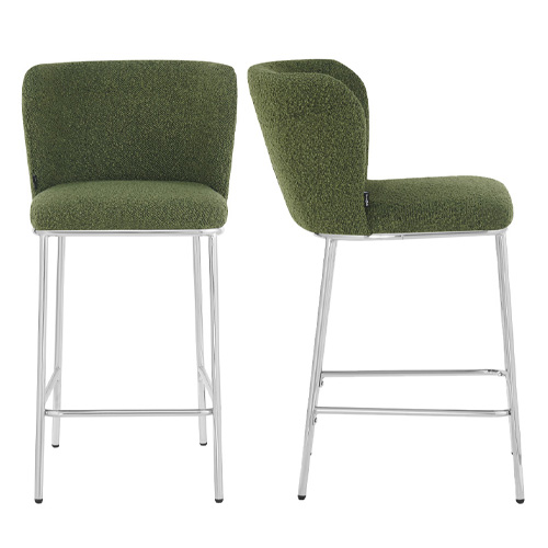 Lot de 2 tabourets de bar en tissu bouclé vert, piètement chromé - Toma