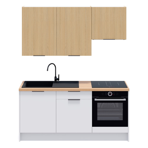 Ensemble de 6 meubles de cuisine - L. 185 cm - blanc et chêne clair cannelé - Cannele