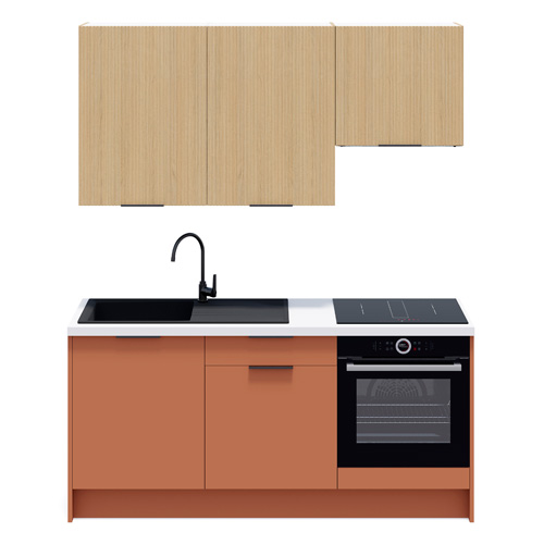 Ensemble de 6 meubles de cuisine - L. 185 cm - terracotta et chêne clair cannelé - Luzia Signature