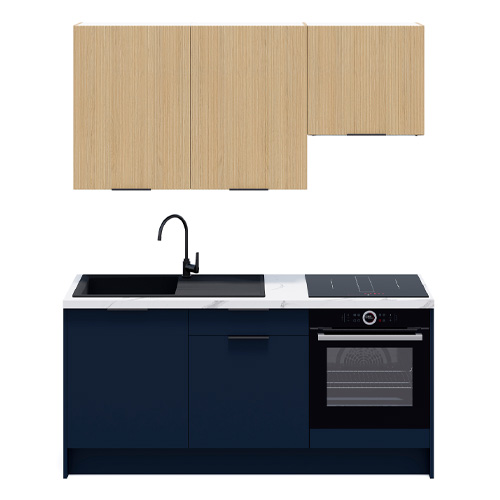 Ensemble de 6 meubles de cuisine - L. 185 cm - bleu marine et chêne clair cannelé - Luzia Signature