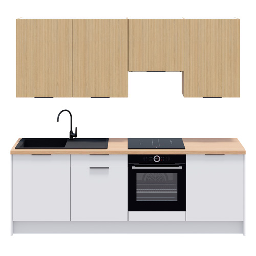 Ensemble de 8 meubles de cuisine - L. 245 cm - blanc et chêne clair cannelé - Cannele
