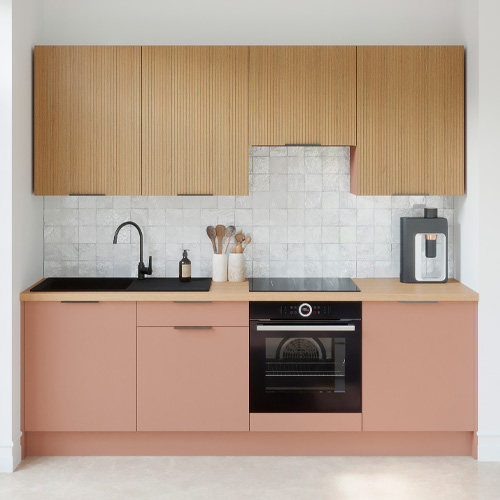 Ensemble de 8 meubles de cuisine - L. 245 cm - abricot et chêne clair cannelé - Luzia Signature