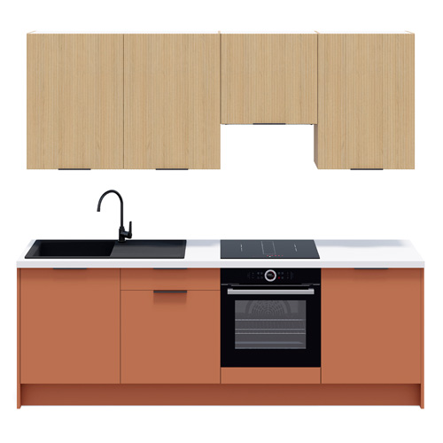 Ensemble de 8 meubles de cuisine - L. 245 cm - terracotta et chêne clair cannelé - Luzia Signature