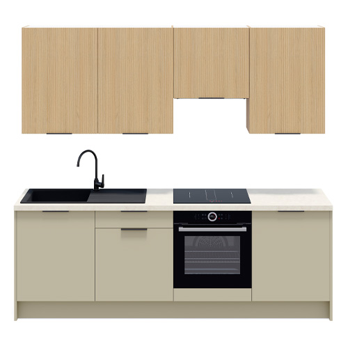 Ensemble de 8 meubles de cuisine - L. 245 cm - vert sauge et chêne clair cannelé - Luzia Signature