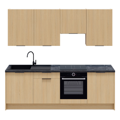 Ensemble de 8 meubles de cuisine - L. 245 cm - chêne clair et chêne clair cannelé - Luzia Signature