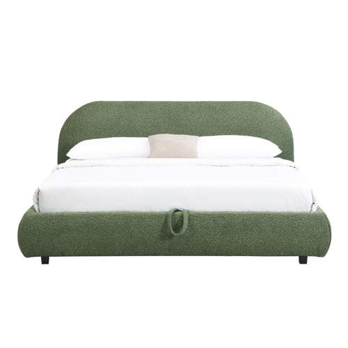 Lit coffre 180x200 cm avec tête de lit matelassée en tissu bouclé vert kaki - Madisson
