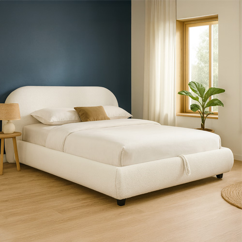 Lit coffre 160x200 cm avec tête de lit matelassée en tissu bouclé beige - Madisson