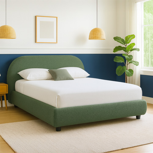 Lit adulte 160x200 cm avec sommier et tête de lit matelassée en tissu bouclé vert kaki - Maddie