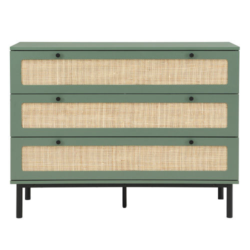 Commode en cannage 3 tiroirs verte 105cm - Luma