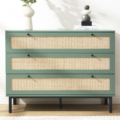 Commode en cannage 3 tiroirs verte 105cm - Luma