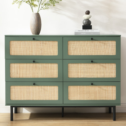 Commode en cannage 6 tiroirs verte 120cm - Luma