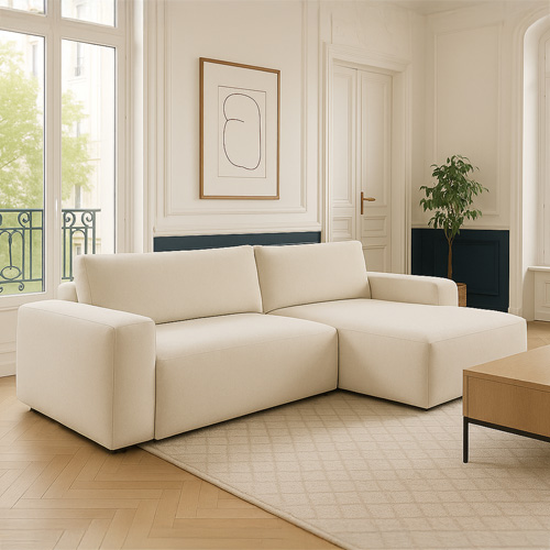 Canapé d'angle droit convertible 3 places en tissu chenille beige - Sonny