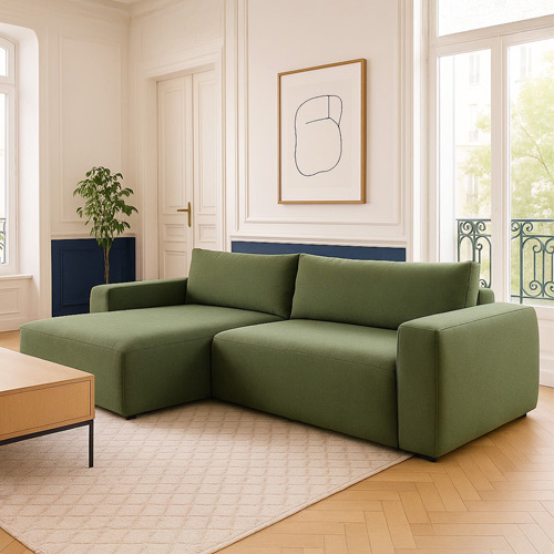Canapé d'angle gauche convertible 3 places en tissu chenille vert olive - Sonny