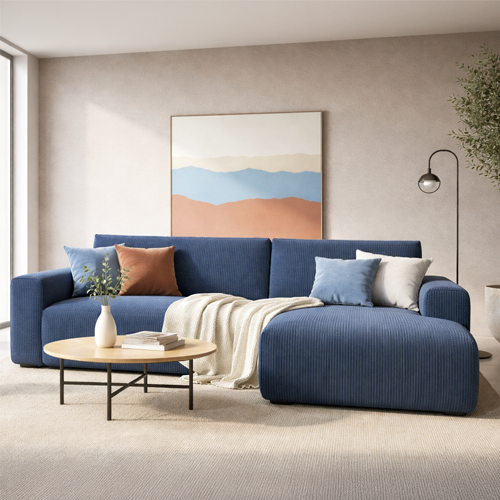 Canapé d'angle droit convertible 3 places en velours côtelé bleu - Sonny