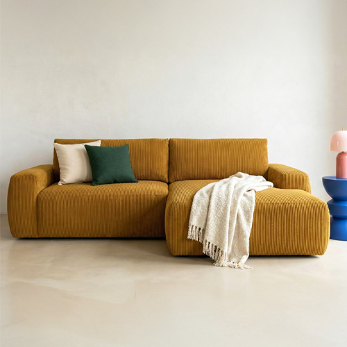 Canapé d'angle droit convertible 3 places en velours côtelé jaune moutarde - Sonny