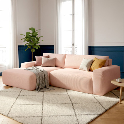 Canapé d'angle gauche convertible 3 places en velours côtelé rose pâle - Sonny