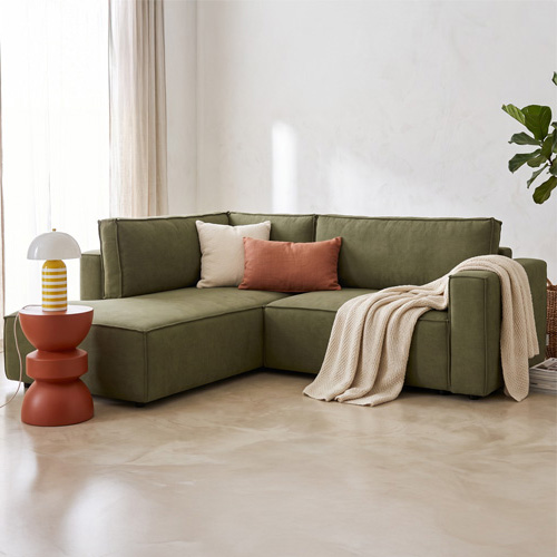 Canapé d'angle ouvert à gauche convertible 3 places en tissu chenille vert kaki - Emma