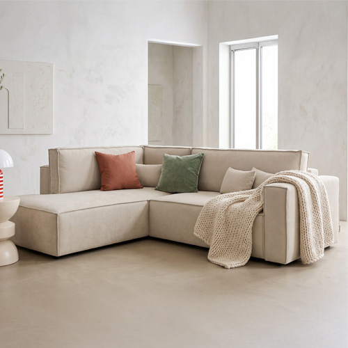 Canapé d'angle ouvert à gauche convertible 3 places en tissu chenille beige foncé - Emma