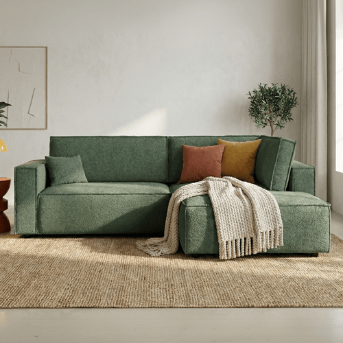 Canapé d'angle ouvert à gauche convertible 3 places en tissu bouclé vert foncé - Emma