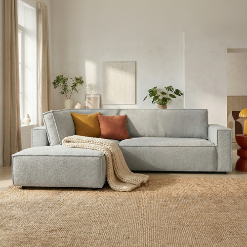 Canapé d'angle ouvert à gauche convertible 3 places en tissu bouclé gris clair - Emma