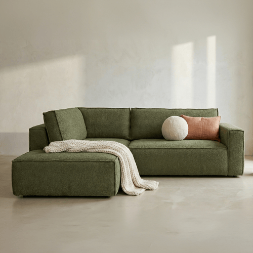 Canapé d'angle ouvert à gauche convertible 3 places en tissu bouclé vert olive - Emma