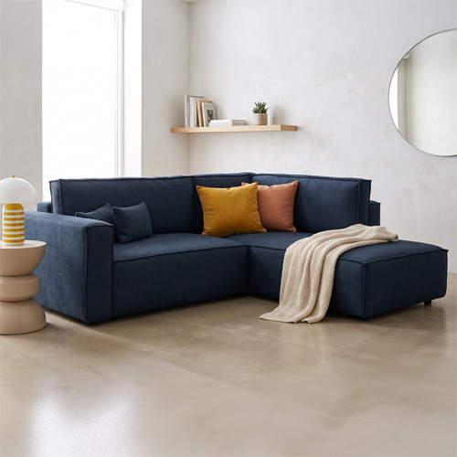 Canapé d'angle ouvert à droite convertible 3 places en tissu chenille bleu foncé - Emma