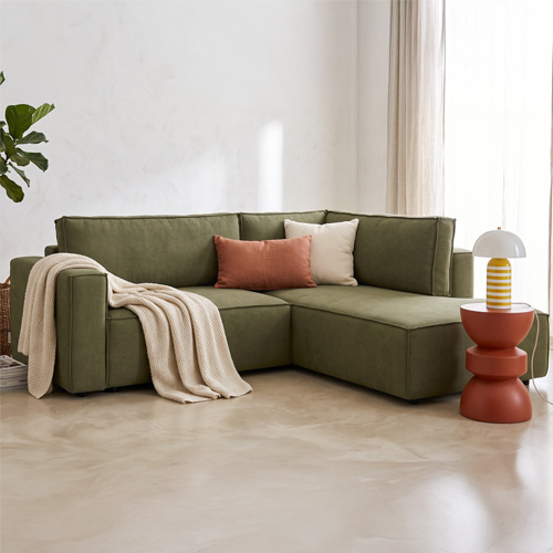 Canapé d'angle ouvert à droite convertible 3 places en tissu chenille vert kaki - Emma