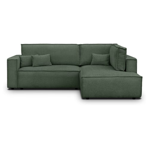 Canapé d'angle ouvert à droite convertible 3 places en tissu bouclé vert foncé - Emma