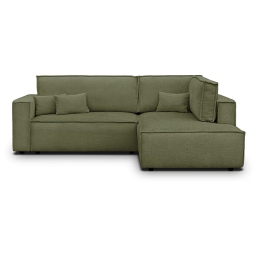 Canapé d'angle ouvert à droite convertible 3 places en tissu bouclé vert olive - Emma