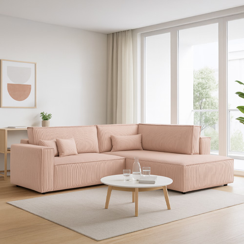Canapé d'angle ouvert à droite convertible 3 places en velours côtelé rose pâle - Emma