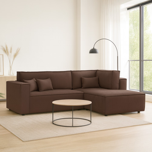 Canapé d'angle ouvert à droite convertible 3 places en velours côtelé moka - Emma