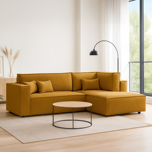 Canapé d'angle ouvert à droite convertible 3 places en velours côtelé jaune moutarde - Emma