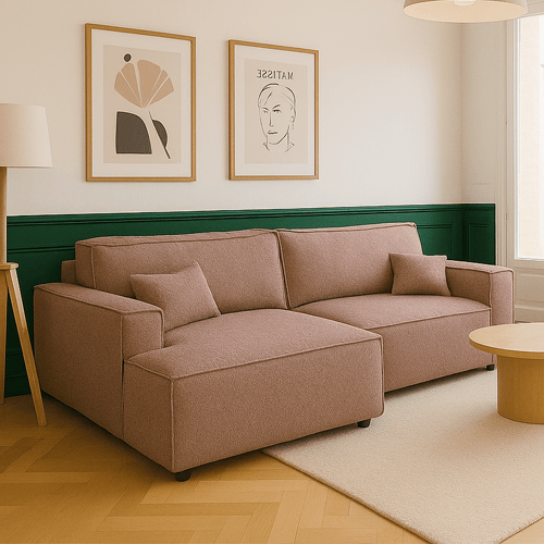 Canapé d'angle à gauche convertible 3 places en tissu bouclé rose poudré - Asti